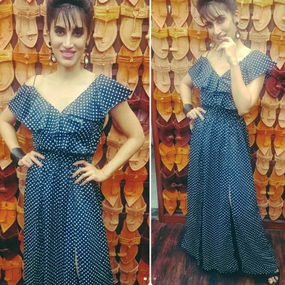 Black & White polka dot dress full length ruffles one shoulder prom dress - Picture 4 of 6